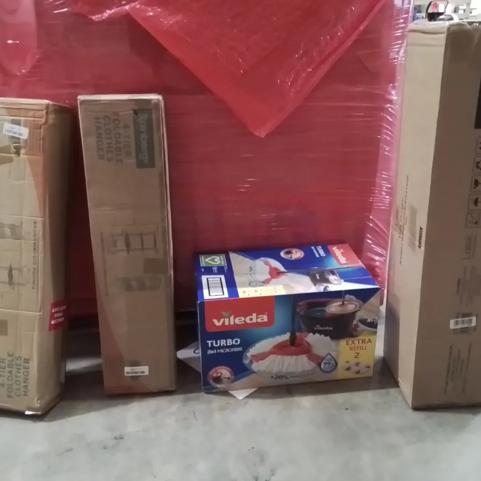 PALLET OF ASSORTED HOUSEHOLD GOODS AND PRODUCTS TO INCLUDE; VILEDA TURBO MOPPING SET,4-TIER FOLDABLE CLOTHES HANGER,EXTRA LARGE RADIATOR COVER