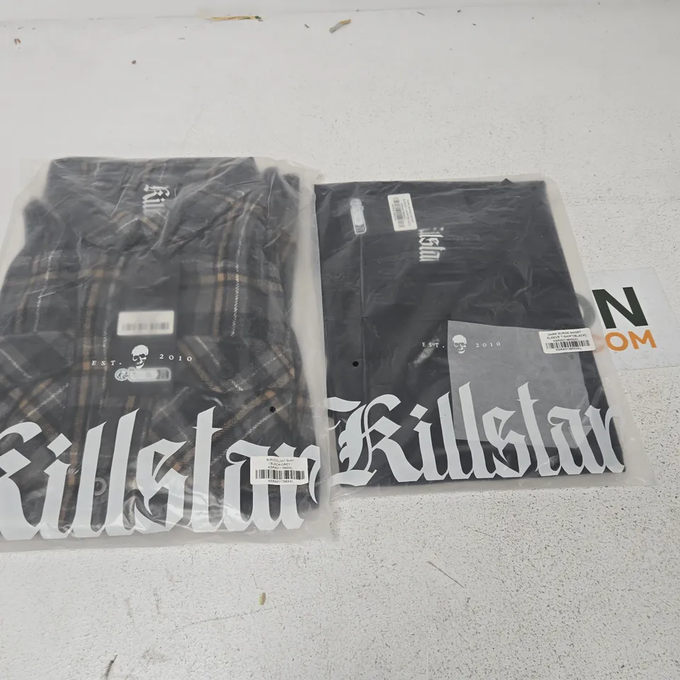 LOT OF APPROXIMATELY 45 BRAND NEW BAGGED KILLSTAR ITEMS INCLUDES BURNING LIGHT SHIRTS AND DARK SURGE SHORT SLEEVE SHIRTS - VARIOUS SIZES