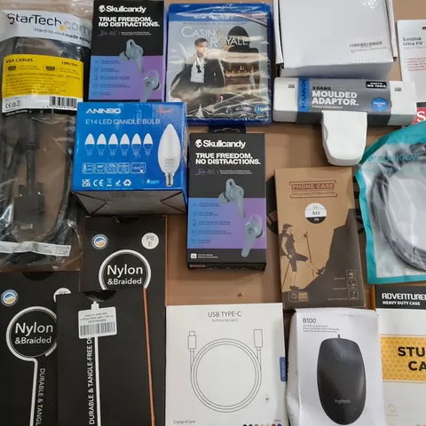 LARGE QUANTITY OF ASSORTED ITEMS TO INCLUDE SKULLCANDY EARPHONES, VGA CABLE AND LOGITECH MOUSE