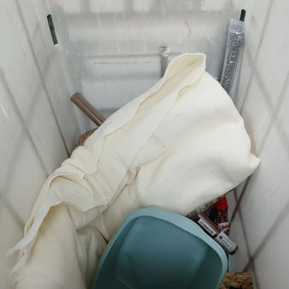 CAGE OF APPROXIMATELY 15 ASSORTED HOUSEHOLD ITEMS TO INCLUDE WICKER BASKET, WICKER BIN, PAMPERS JUMBO PACK, WRAPPING PAPER ETC