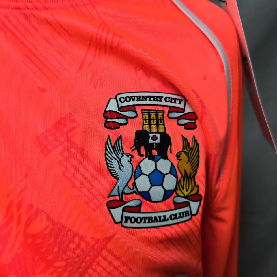 COVENTRY CITY FC AWAY SHIRT – HOT CORAL/WHITE – SIGNED, SIZE L, HUMMEL