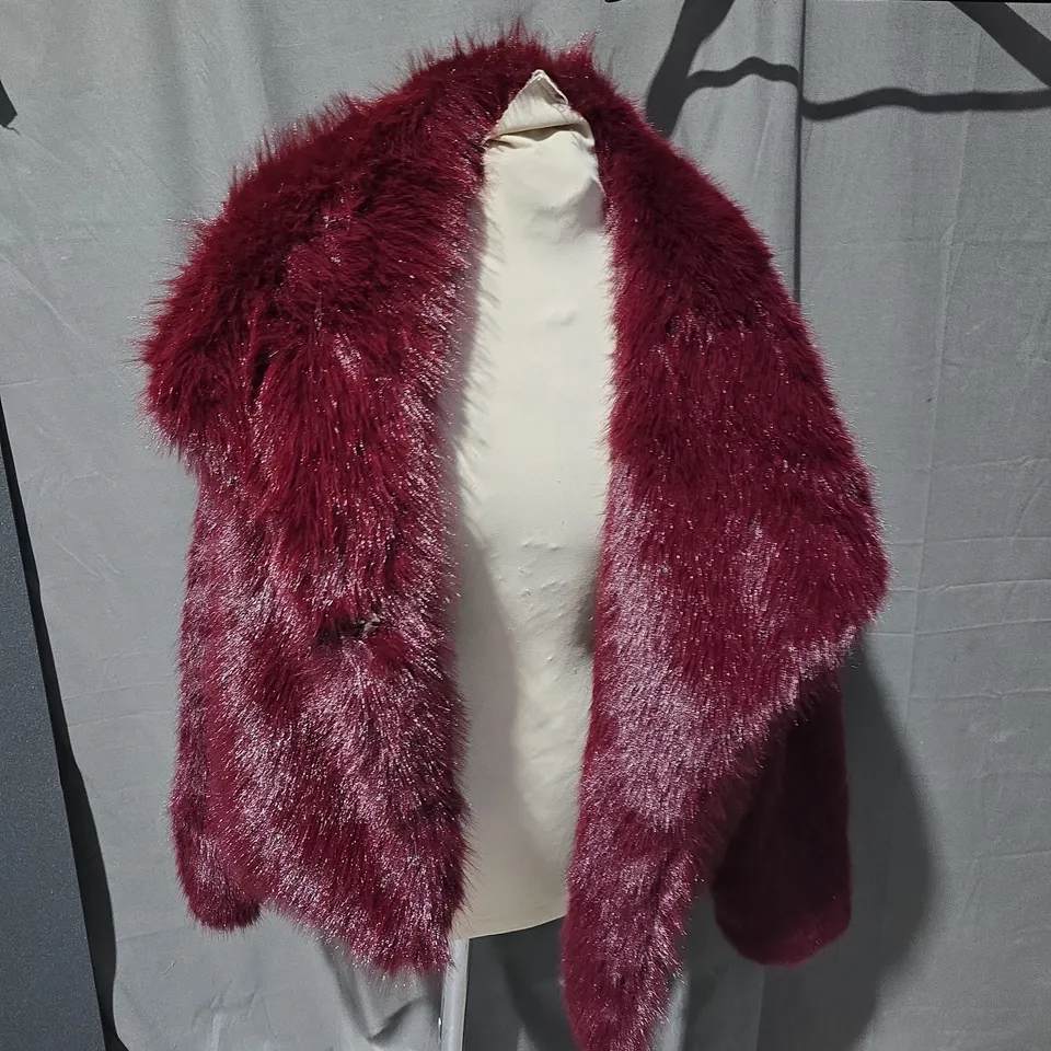 BOXOF APPROXEMATLEY 25 CLOTHING ITEMS INCLUDING: BURGUNDY FUR COAT, M&S PANTS AND M&S JEANS