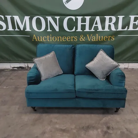 DESIGNER RAINSBURG VELVETY TEAL SOFA WITH SCATTER CUSHIONS