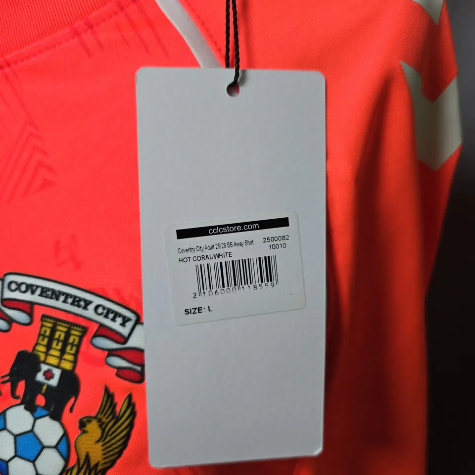 COVENTRY CITY FC AWAY FOOTBALL SHIRT – HUMMEL, HOT CORAL/WHITE, SIZE L, SIGNED