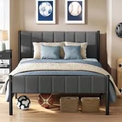 BOXED VASAGLE DOUBLE BED FRAME, 135 X 190 CM, WITH UPHOLSTERED HEADBOARD - SLATE GREY
