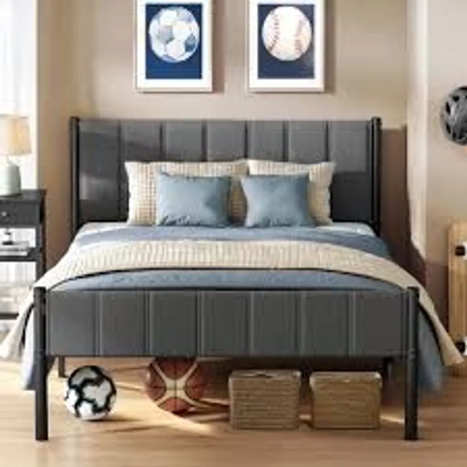 BOXED VASAGLE DOUBLE BED FRAME, 135 X 190 CM, WITH UPHOLSTERED HEADBOARD - SLATE GREY 