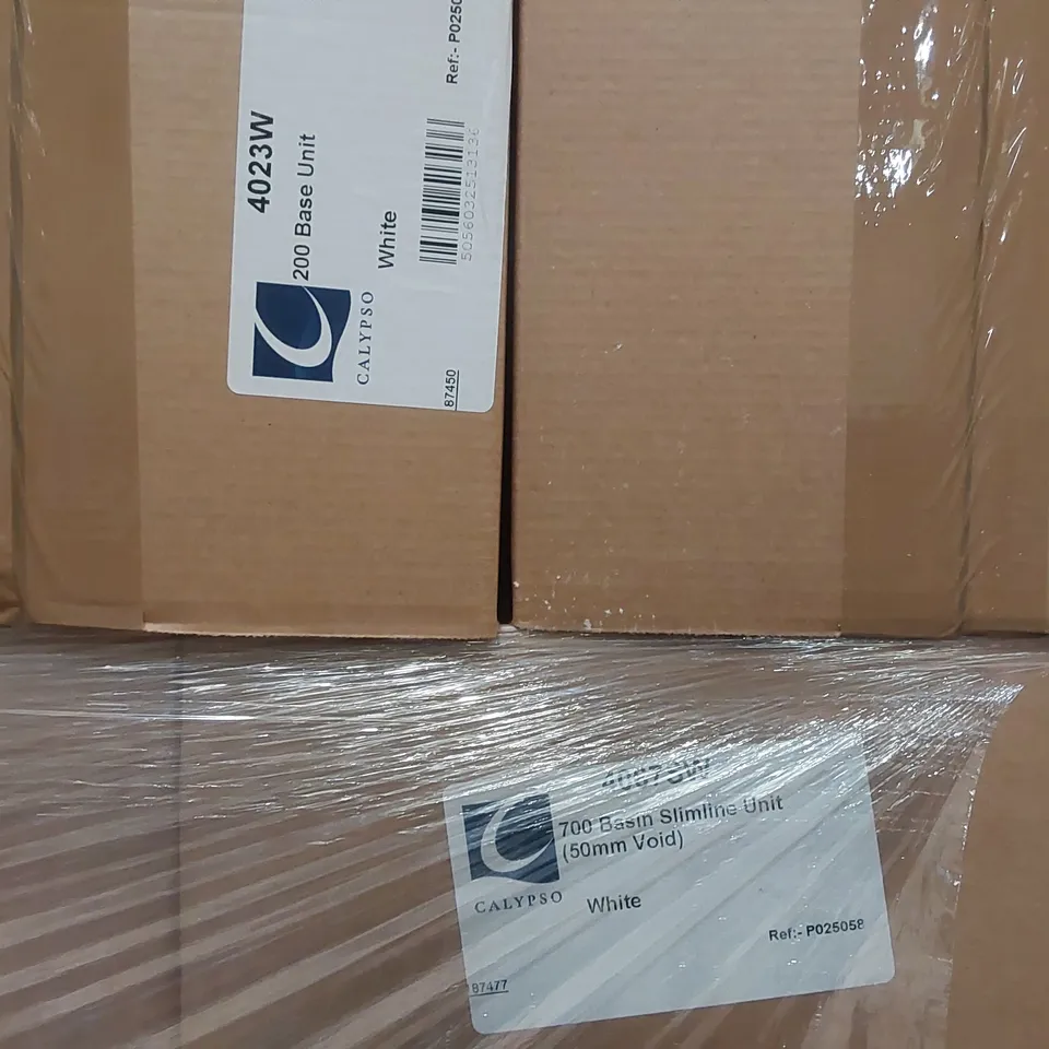 PALLET CONTAINING A LARGE QUANTITY OF BATHROOM FURNITURE PARTS INCLUDING: CALYPSO BASE UNIT CARCASSES ECT