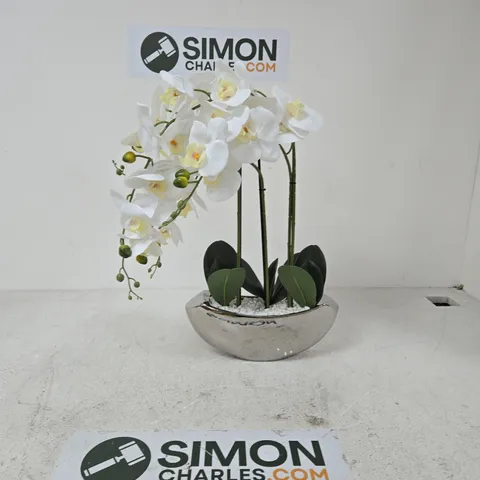 FAUX WHITE PHALAENOPSIS ORCHID IN SILVER CERAMIC POT