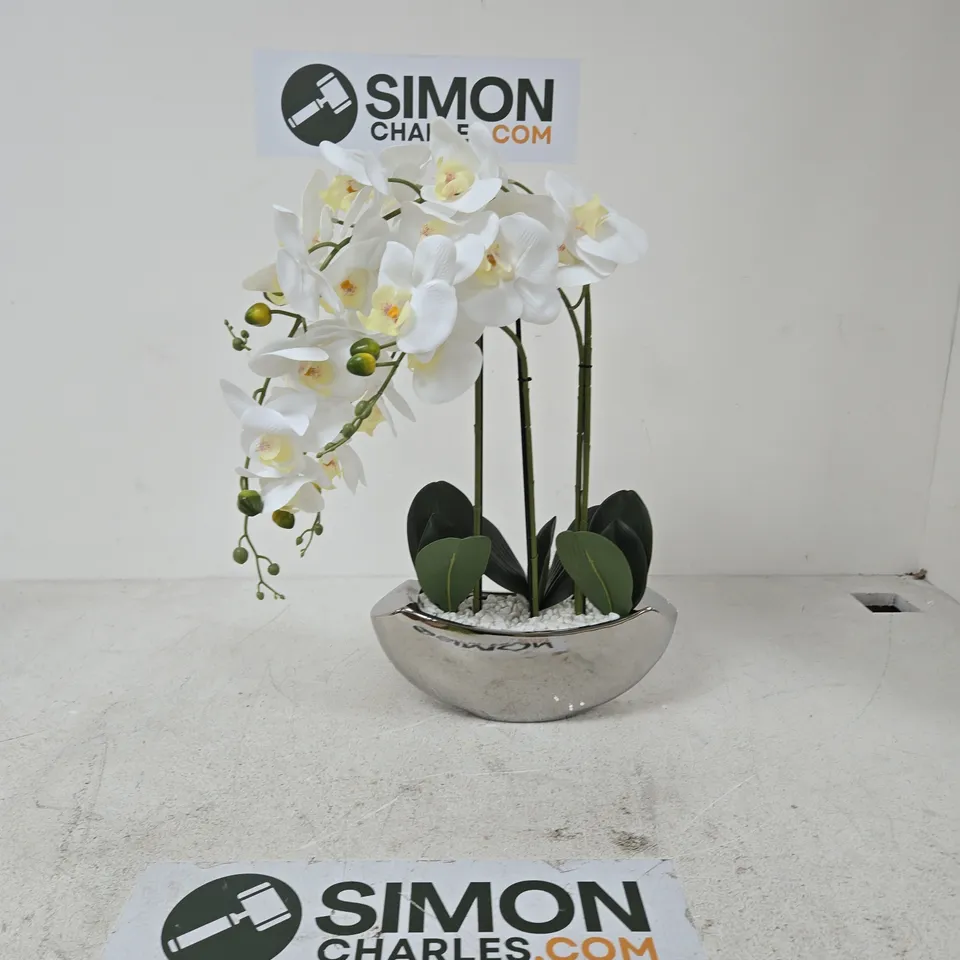FAUX WHITE PHALAENOPSIS ORCHID IN SILVER CERAMIC POT