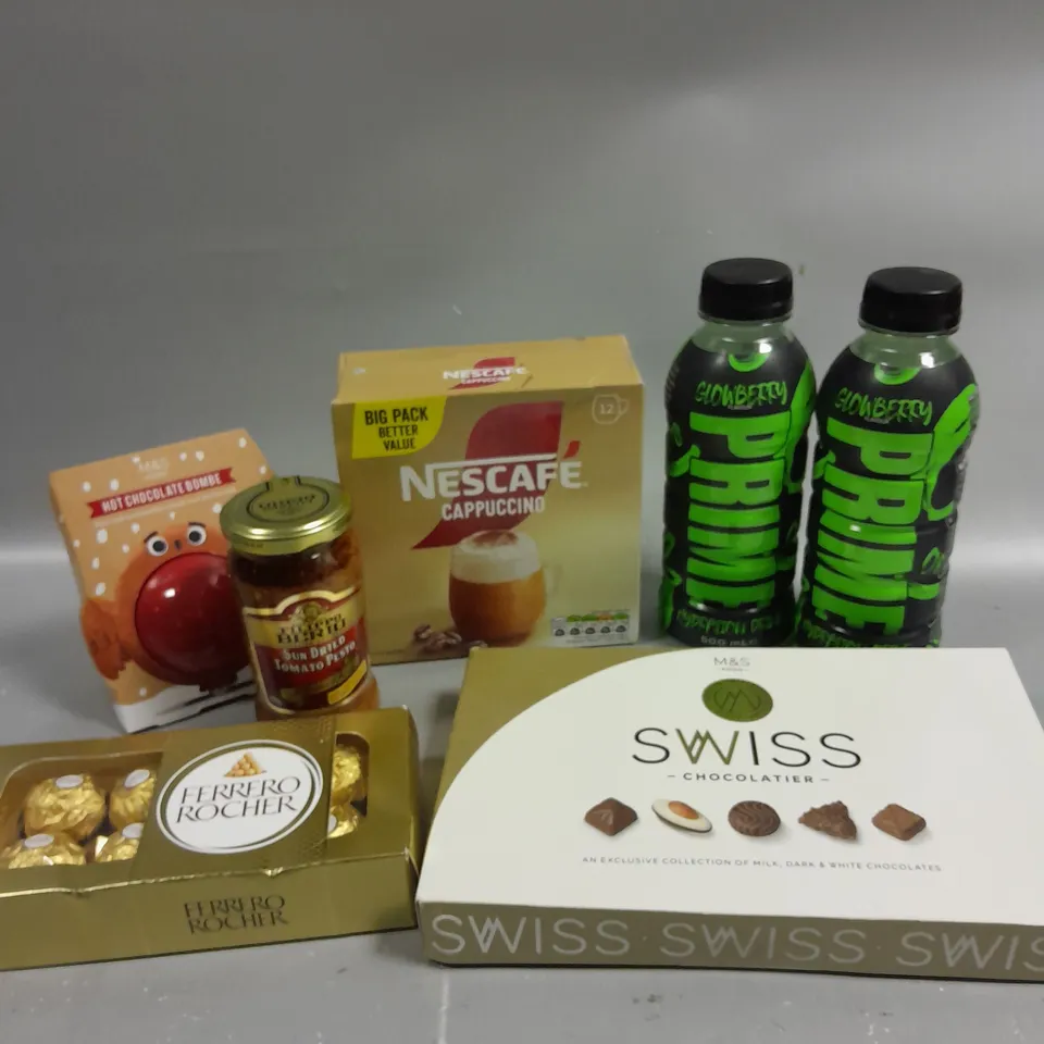 APPROXIMATELY 10 ASSORTED FOOD & DRINK PRODUCTS TO INCLUDE PRIME HYDRATION DRINK, M&S SWISS CHOCOLATE, FERRERO ROCHER ETC 