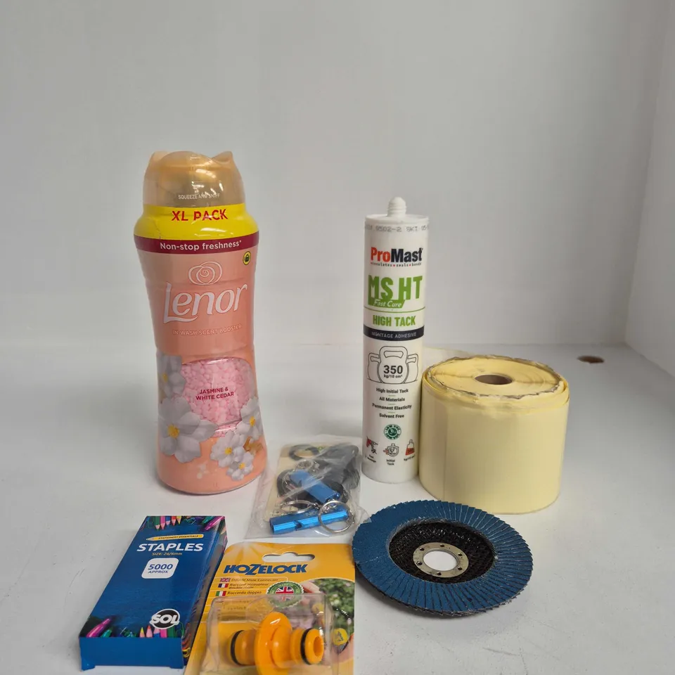 TOTE OF APPROXIMATELY 10 ASSORTED ITEMS INCLUDING A HOZELOCK DOUBLE MALE CONNECTOR, STATIONARY ESSENTIALS STAPLES AND PRO MAST MS HT HIGH TACK MONTAGE ADHESIVE 400G