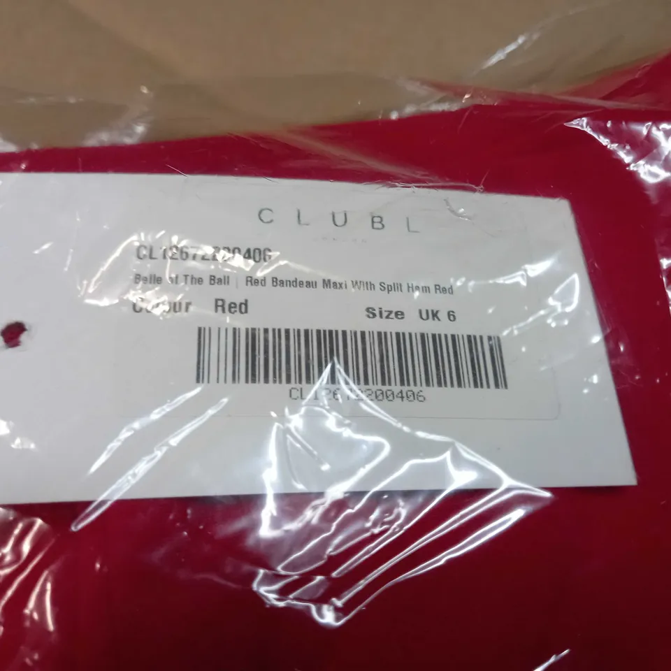 PACKAGED CLUB L RED BANDEAU MAXI WITH SPLIT HEM - SIZE 6