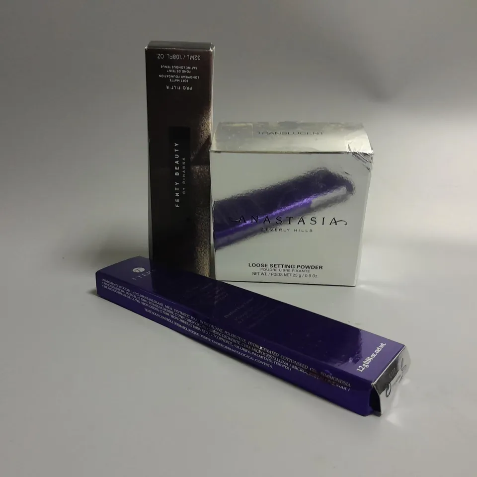 3 ASSORTED BEAUTY PRODUCTS TO INCLUDE FENTY BEAUTY BY RIHANNA SOFT MATTE LONGWEAR FOUNDATION, ANASTASIA BEVERLY HILLS LOOSE SETTING POWDER, TERRY PERFECT LIP LINER 