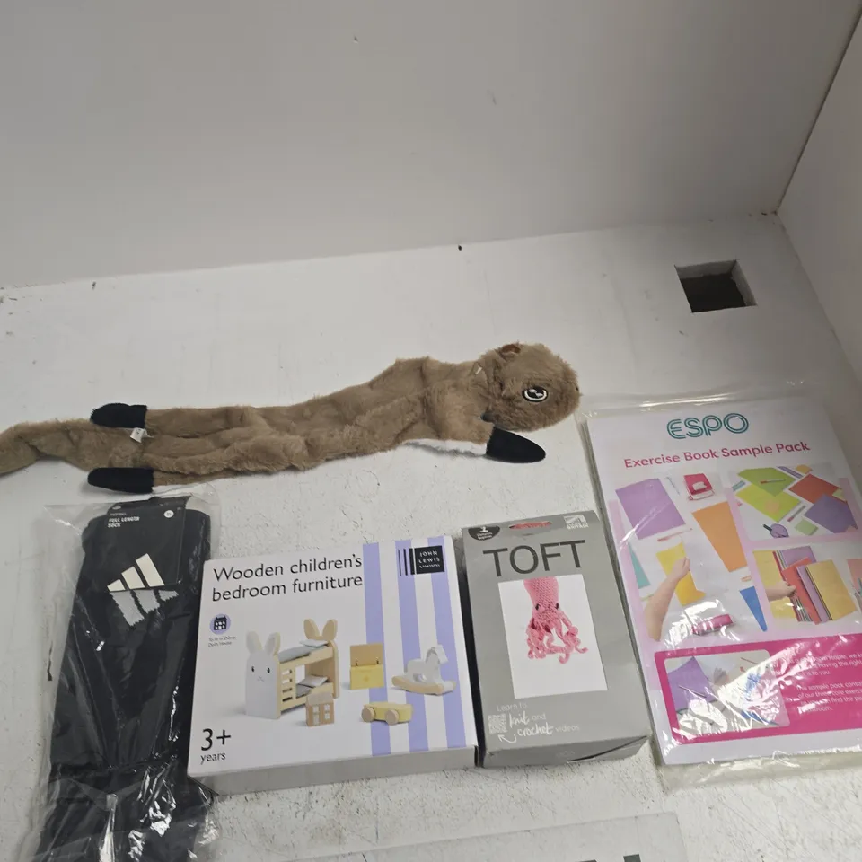 BOX OF APPROXIMATELY 15 ASSORTED ITEMS INCLUDING ESPO EXERCISE BOOK SAMPLE PACK, TOFT CROCHET OCTOPUS AND JOHN LEWIS WOODEN CHILDREN'S BEDROOM FURNITURE TO FIT IN ODNEY DOLL'S HOUSE
