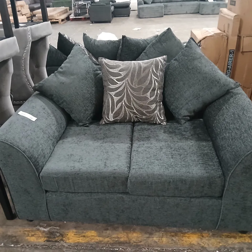 DESIGNER GREY FABRIC TWO SEATER SOFA WITH SCATTER CUSHIONS