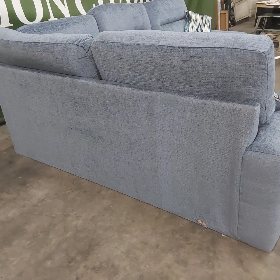 DESIGNER MELROSE FABRIC UPHOLSTERED CORNER SOFA IN DENIM BLUE