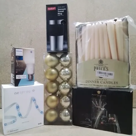 BOX TO CONTAIN ASSORTED HOUSEHOLD GOODS AND PRODUCTS TO INCLUDE;MASTERCLASS FONDUE SET, EVE LIGHT STRIP, GOLDEN BAUBLES ETC