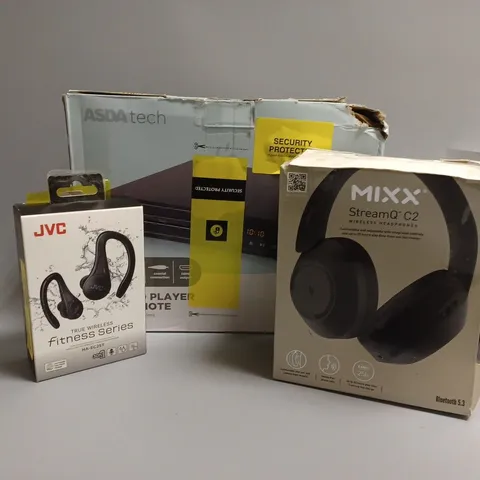 APPROXIMATELY 20 ASSORTED TECH PRODUCTS TO INCLUDE JVC WIRELESS EARBUDS, DVD PLAYER, MIXX WIRELESS HEADPHONES