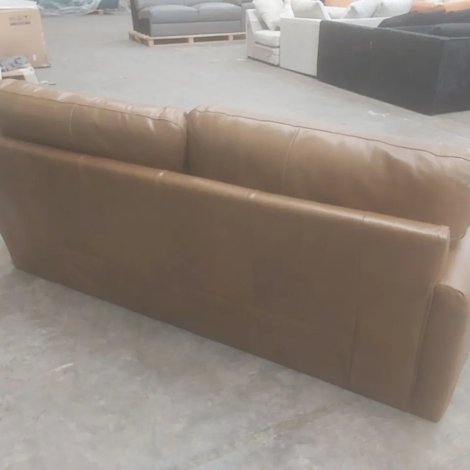 DESIGNER BAILEY 3 SEATER TAN LEATHER UPHOLSTERED SOFA 