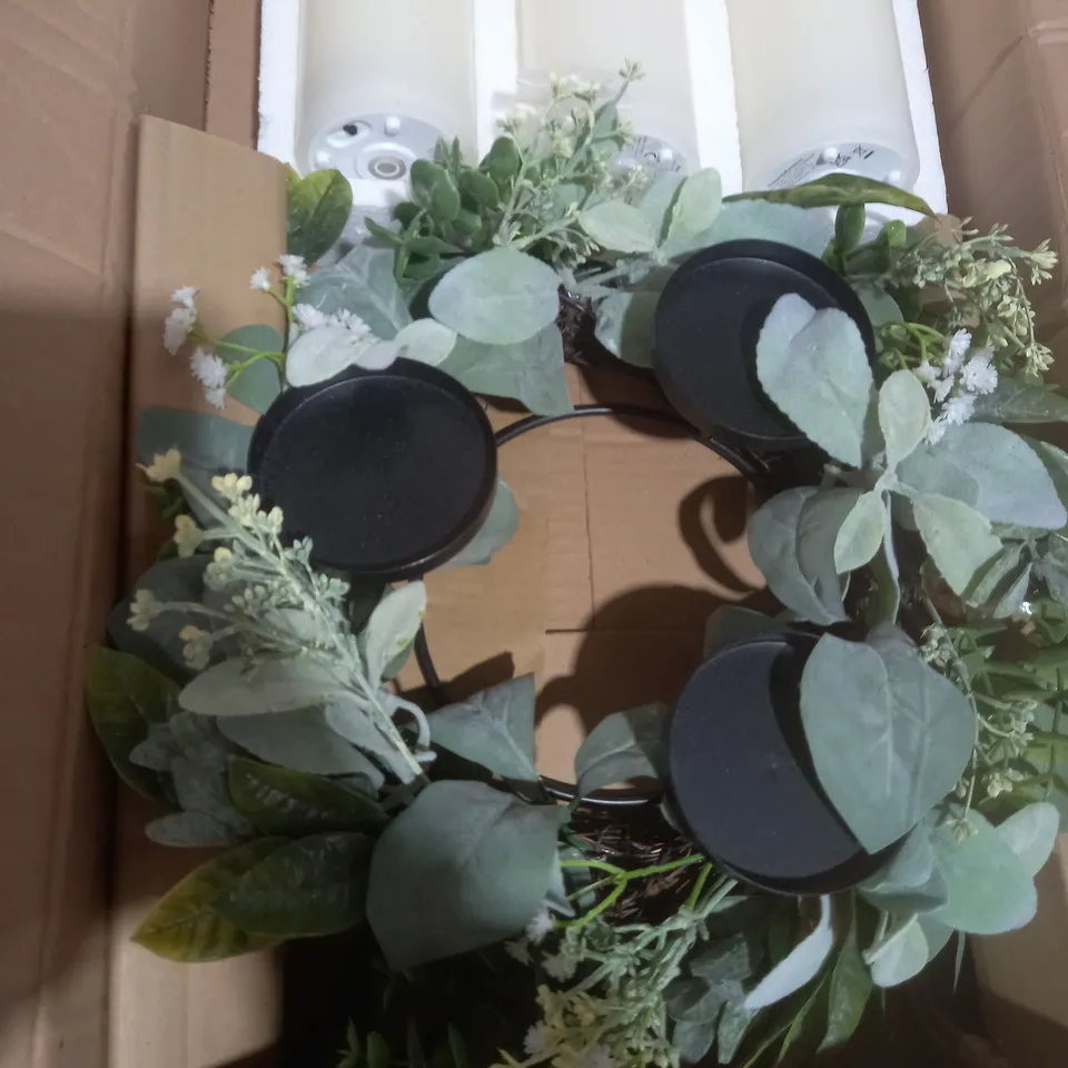 BOXED HOME REFLECTIONS 3 IN 1 FLAMELESS CANDLE WITH WREATH SET - SAGE