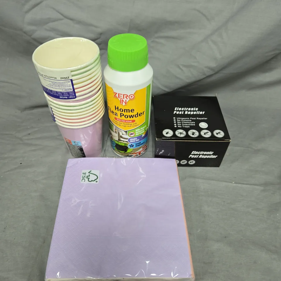 APPROXIMATELY 15 ASSORTED HOUSEHOLD ITEMS TO INCLUDE HOME FLEA POWDER, COLOURED PAPER CUPS AND ELECTRONIC PEST REPELLER