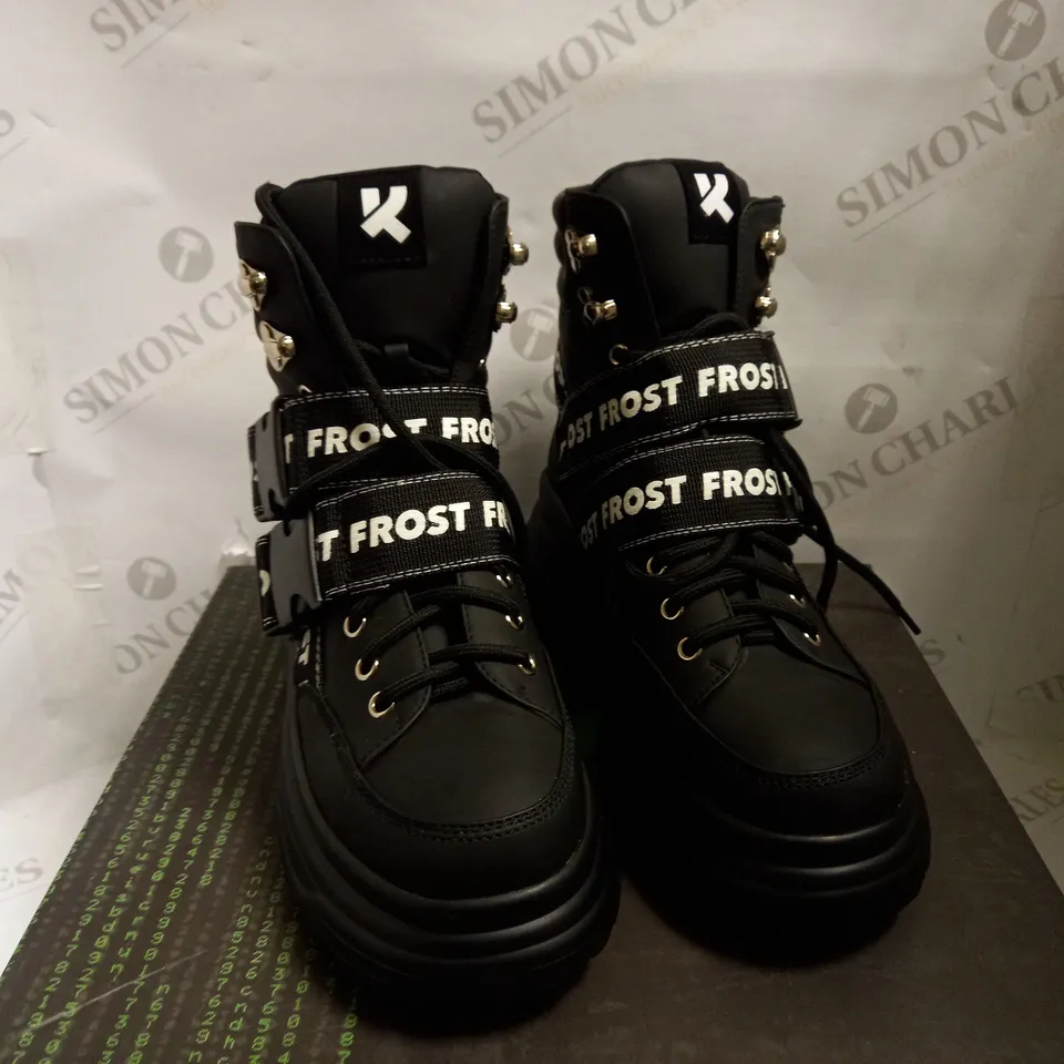 KOI VEGAN BLACK BUCKLE BOOTS WITH STRAPS - SIZE 4