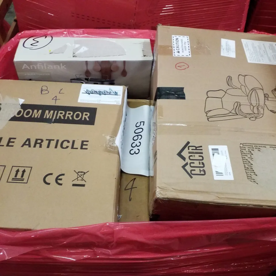 PALLET CONTAINING ASSORTED PRODUCTS INCLUDING BATHROOM MIRROR, OFFICE CHAIR & 4 SLICE TOASTER 