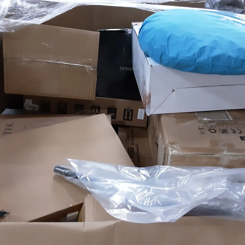 PALLET OF ASSORTED PRODUCTS INCLUDING FUNNY MULTIPLAY TABLE, JX FITNESS DOOR FRAME PULL UP BAR, AIR COOLER, POGO STICK, AREALER FOOT SPA MASSAGER, ELECTRICAL NERVE STIMULATORR