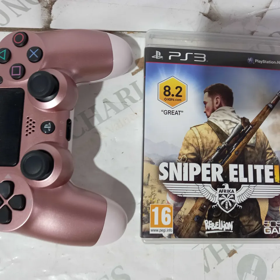 LOT OF 2 ASSORTED SONY PLAYSTATION ITEMS TO INCLUDE WIRELESS CONTROLLER IN METALLIC PINK COLOUR (CUH-ZCT2E), AND SNIPER ELITE III PS3 GAME