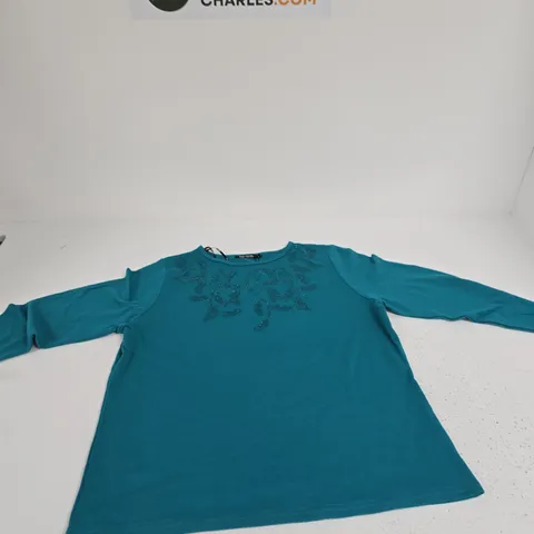 PURE & NATURAL FLORAL STRASS LONG SLEEVE TOP β TEAL, SIZE L