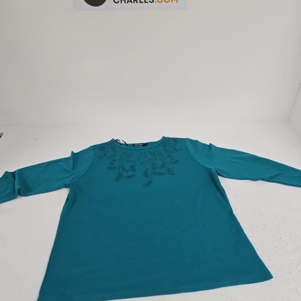 PURE & NATURAL FLORAL STRASS LONG SLEEVE TOP – TEAL, SIZE L
