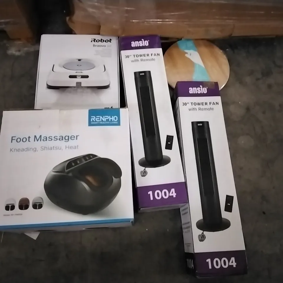 PALLET OF ASSORTED ITEMS INCLUDING RENPHO FOOT MASSAGER, ANSIO 30" TOWER FAN WITH REMOTE, ELEGANT LED MIRROR, ROBOT BRAAVA JET, HEVEA WOOD LAZY SUSAN