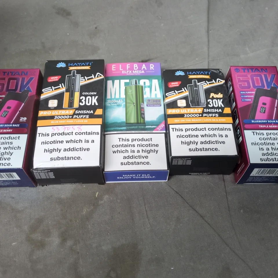 TOTE OF APPROXIMATELY 25 ASSORTED ELECTRONIC CIGARETTE ITEMS TO INCLUDE:  TITAN 50K DEVICE 