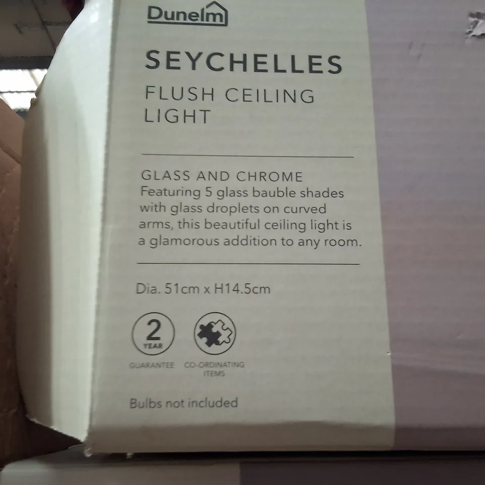 BOXED DUNELM SEYCHELLES FLUSH CEILING LIGHT – GLASS & CHROME, 5 BAUBLE SHADES, 51CM DIA