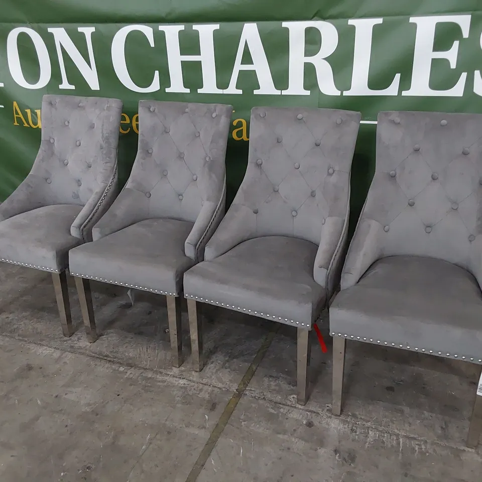 SET OF FOUR UPHOLSTERED BUTTONED RING BACK DINING CHAIRS STUDDED DETAIL ON SILVER LEGS