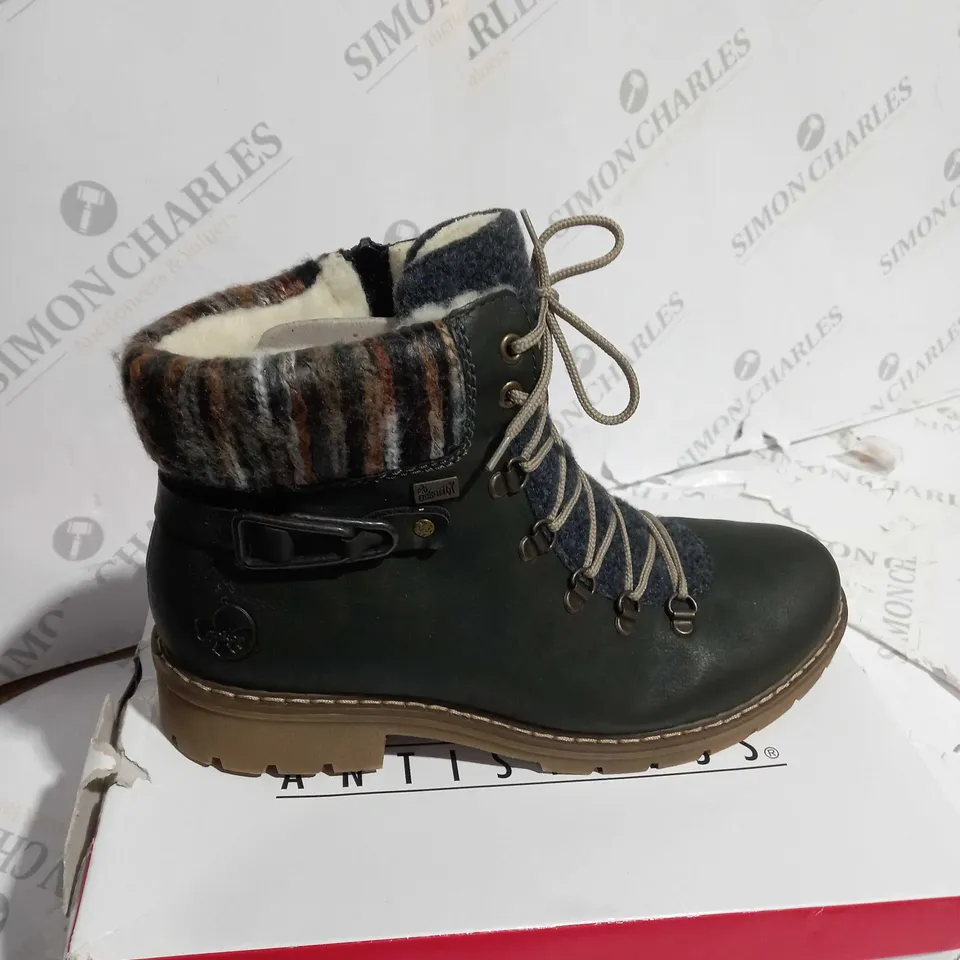 BOXED PAIR OF RIEKER MULTI CUFF HIKING BOOTS GREEN - UK SIZE 7.5