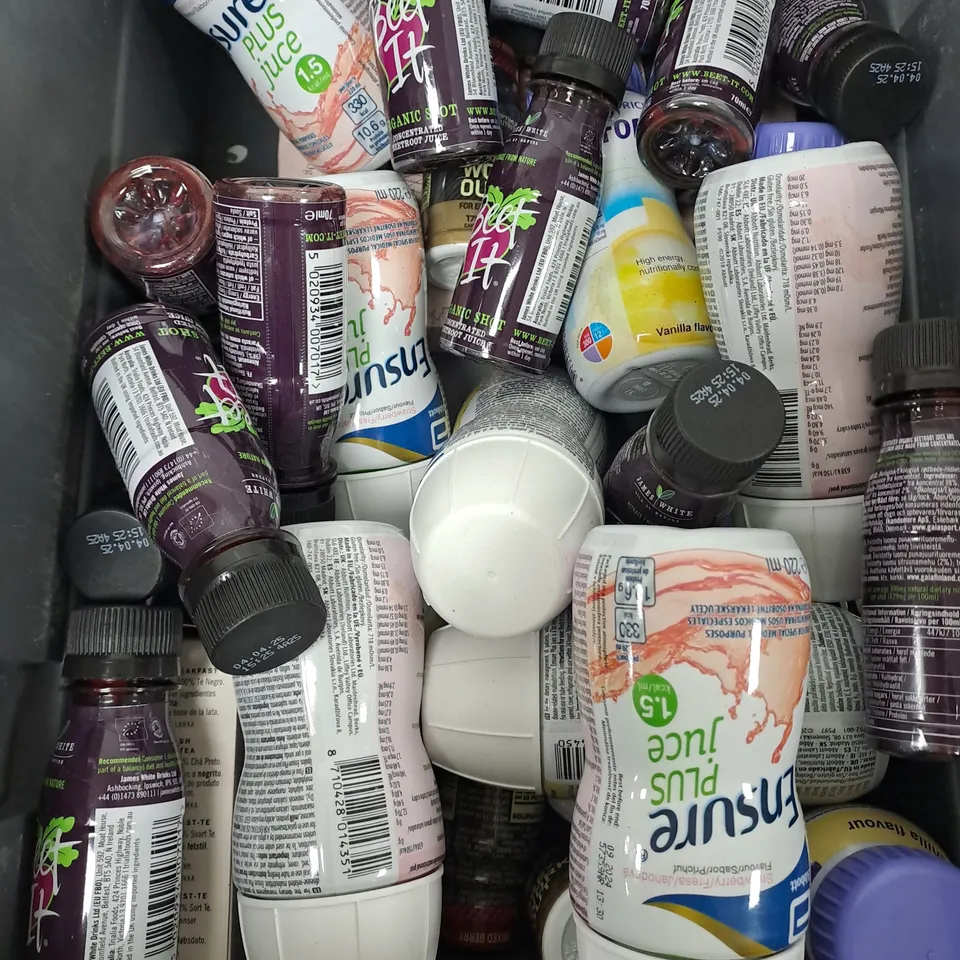 TOTE OF ASSORTED FOOD AND DRINK TOO INCLUDE , PRE WORKOUT , ENSURE , MEDJOUL DATES 