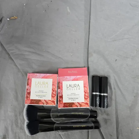 LAURA GELLER MAKE-UP SET: BAKED BLUSH-N-BRONZE MARBLEIZED 2-IN-1 (ROSE BRONZE) WITH TWO LIPSTICKS AND TWO BRUSHES