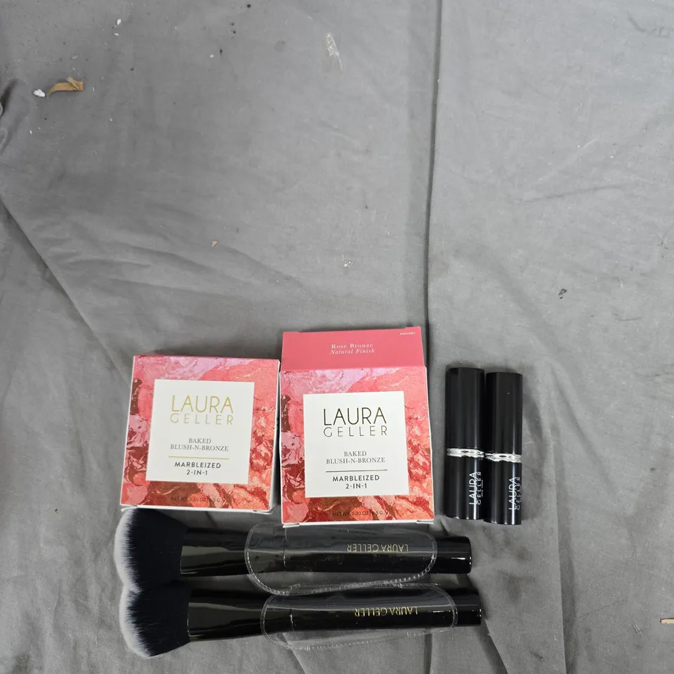 LAURA GELLER MAKE-UP SET: BAKED BLUSH-N-BRONZE MARBLEIZED 2-IN-1 (ROSE BRONZE) WITH TWO LIPSTICKS AND TWO BRUSHES