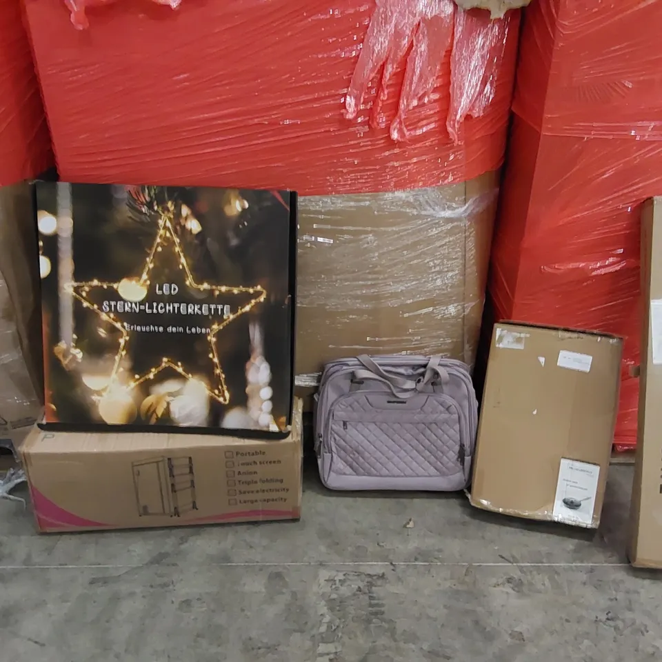 PALLET OF ASSORTED ITEMS INCLUDING: ELECTRIC CLOTHES DRYER, SMALL SUITCASE, FRYING PAN, BABY GATE