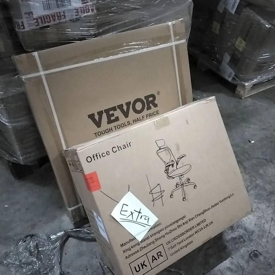 PALLET OF HOUSEHOLD ITEMS TO INCLUDE PATIO UMBRELLA, WASHING MACHINE BRACKET, OFFICE CHAIR AND OTHER ASSORTED ITEMS...