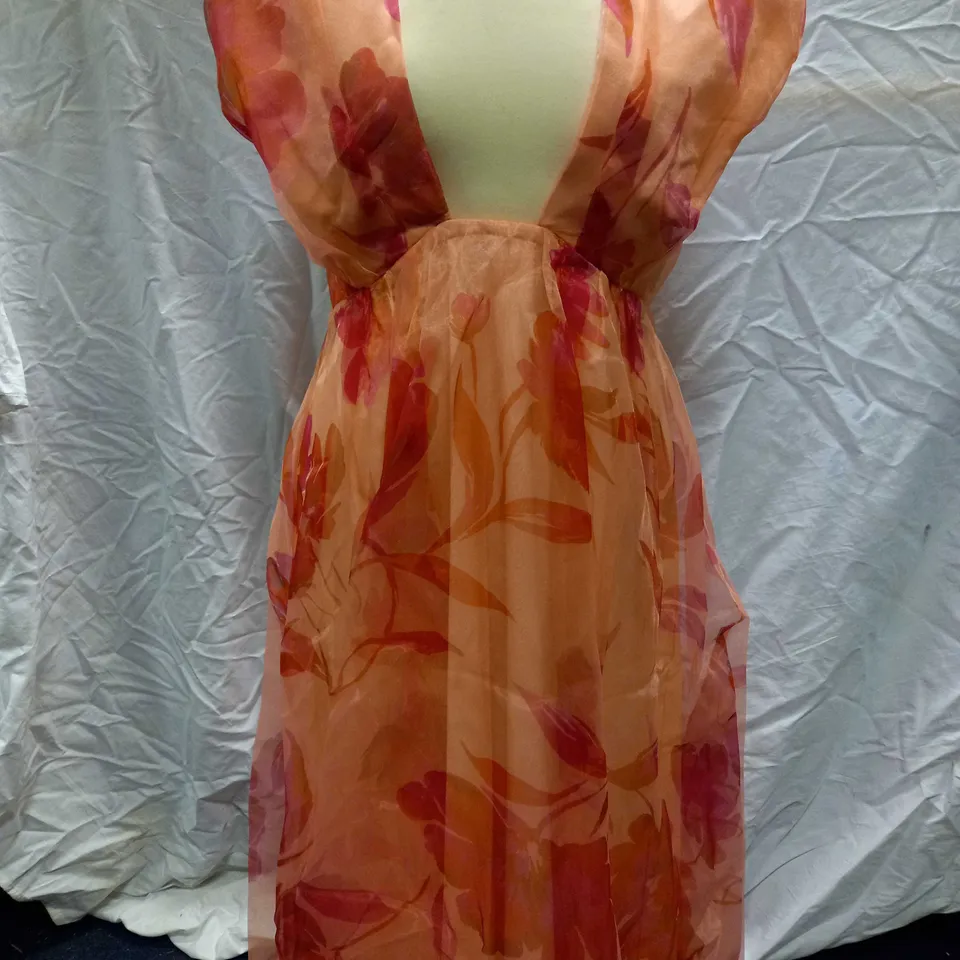 COAST CROSS FRONT PRINTED ORGANZA PEACH MIDI DRESS - SIZE 14