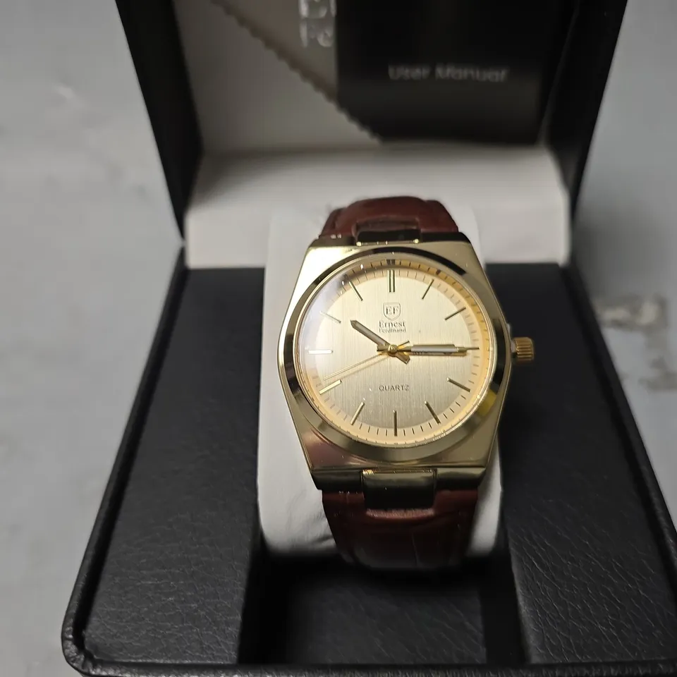  ERNEST FERDINAND WATCH – DAY DATE CALENDAR DIAL – LEATHER STRAP – 3ATM WATER RESISTANT