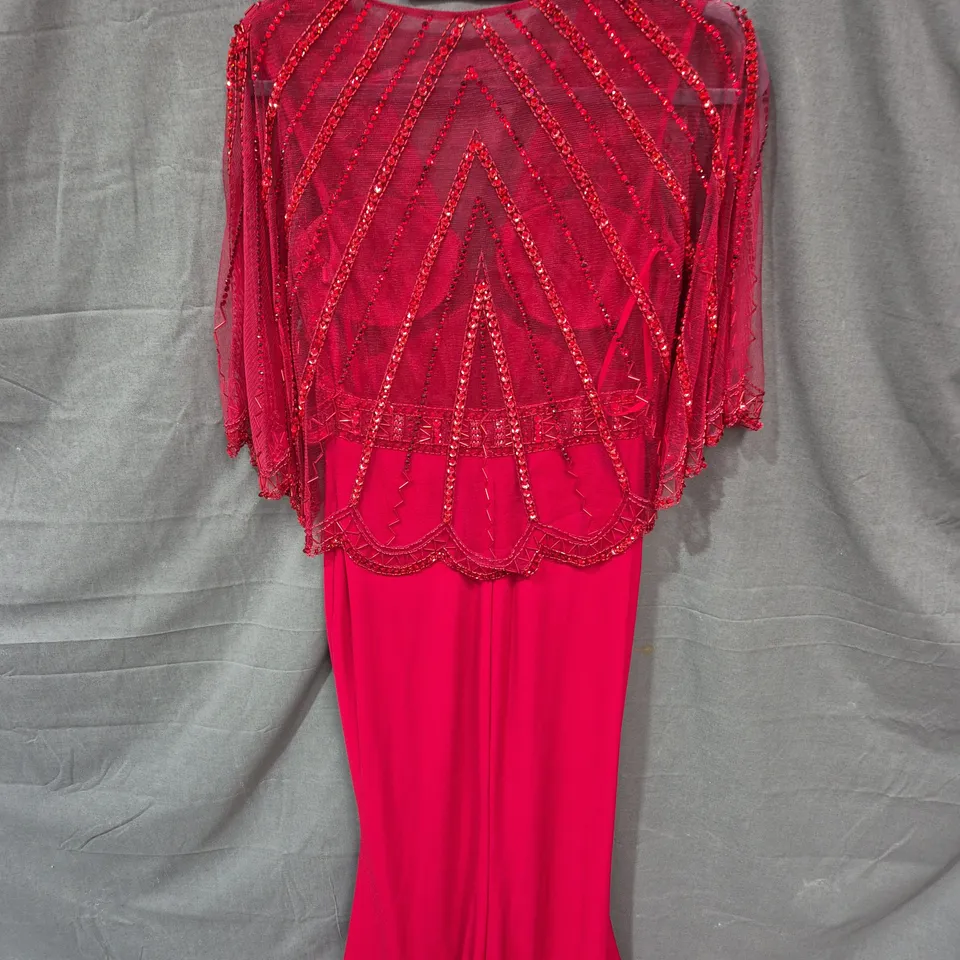 Red Beaded Evening Dress with Sheer Bodice and Sleeves - SIZE 6