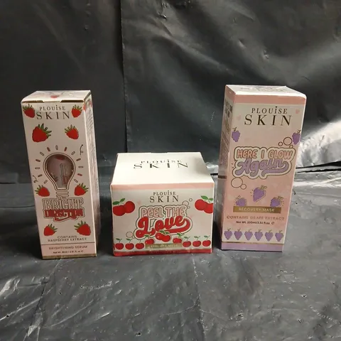 PLOUISE LOT OF 3 ASSORTED SKINCARE PRODUCTS TO INCLUDE - GRAPE RECOVERY MASK - PEEL OFF MASK - RASPBERRY BRIGHTENING SERUM