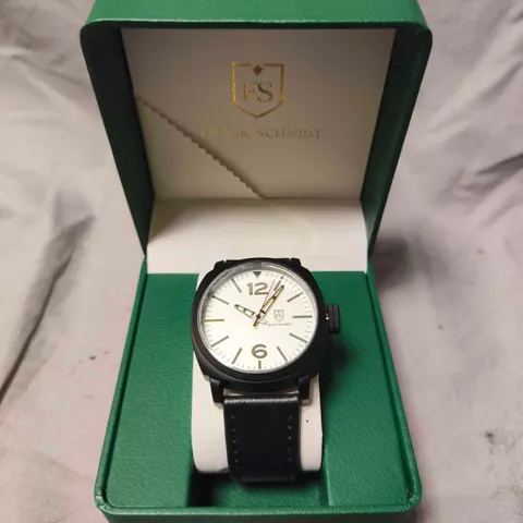 FRANK SCHMIDT WHITE DIAL LEATHER STRAP WATCH 