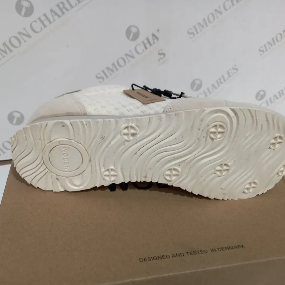 BOXED WODEN WHITE TRAINERS SUEDE - SIZE UK 8