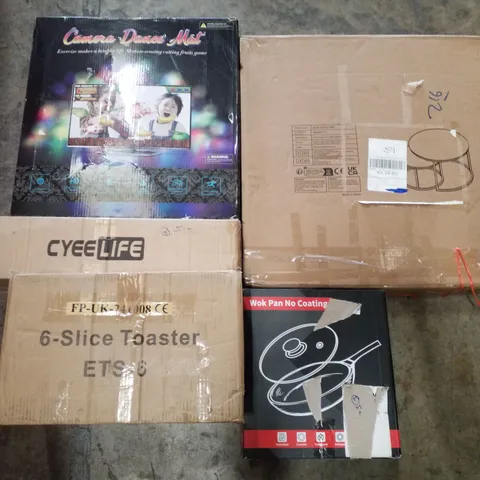 PALLET CONTAINING ASSORTED PRODUCTS INCLUDING CAMERA DANCE MAT, METAL COFFEE TABLE, WOK PAN, 6-SLICE TOASTER & DART BOARD