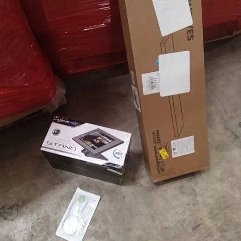 PALLET OF ASSORTED ITEMS INCLUDING - FLOATING SHELVES, DESKTOP STAND, CHARGING CABLE 