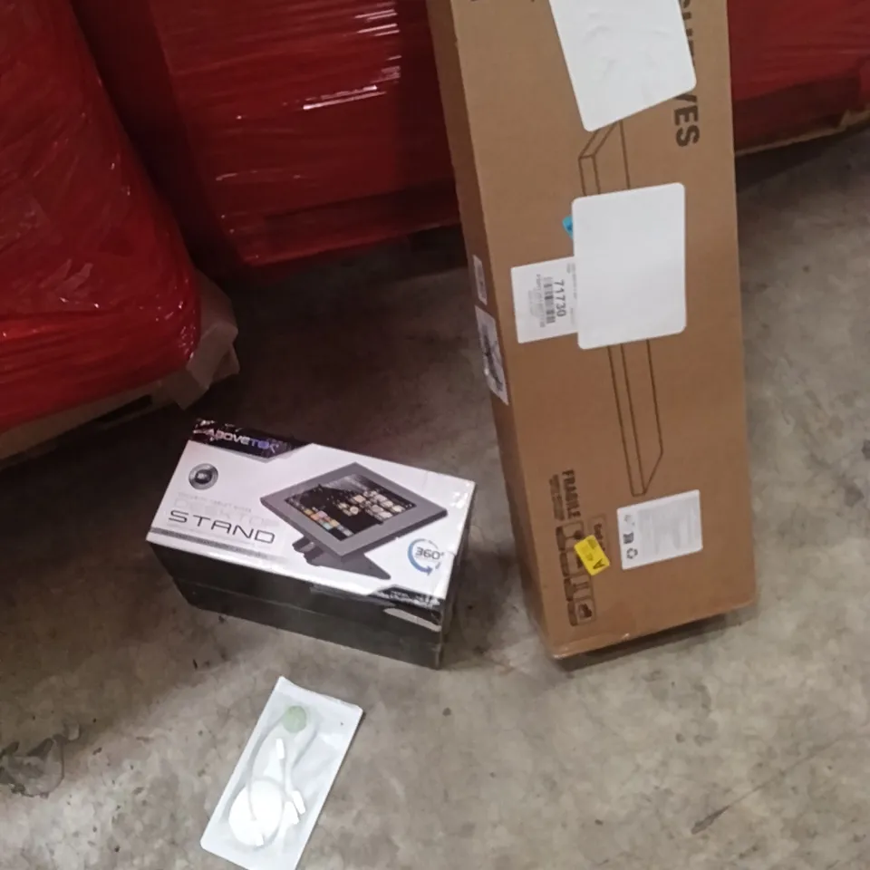 PALLET OF ASSORTED ITEMS INCLUDING - FLOATING SHELVES, DESKTOP STAND, CHARGING CABLE 
